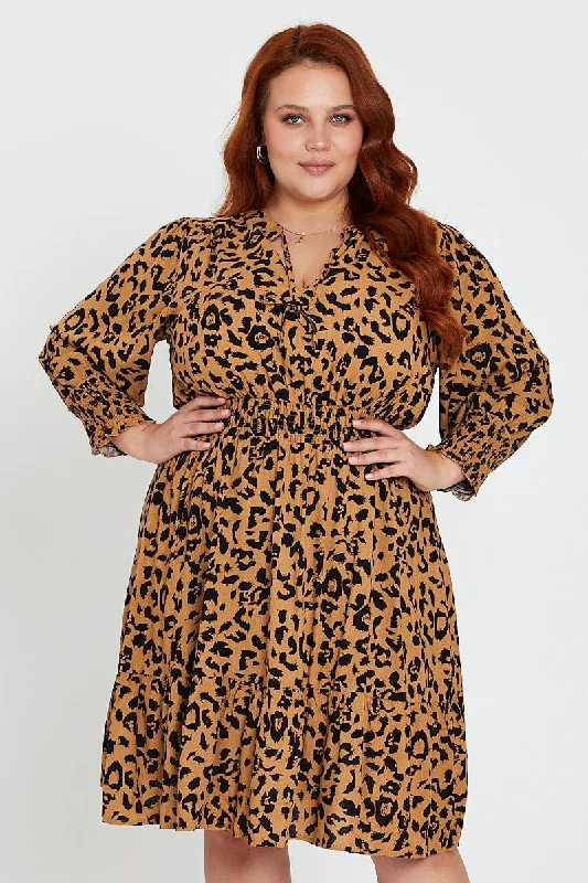 Animal Print Midi Dress V-neck Long Sleeve