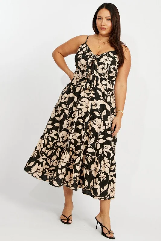 Black Floral Midi Dress Sleeveless Front Tie