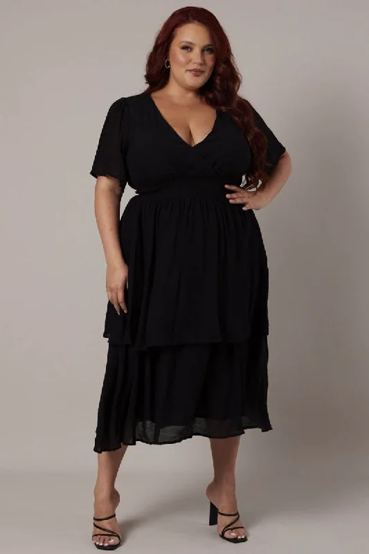 Black Midi Dress Crossover Bust Flare Sleeve