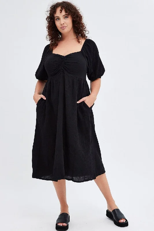 Black Midi Dress Crushed Cotton Puff Sleeve