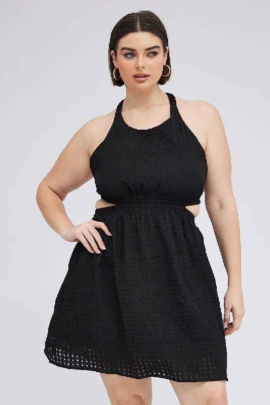 Black Midi Dress Elastic Strappy Back