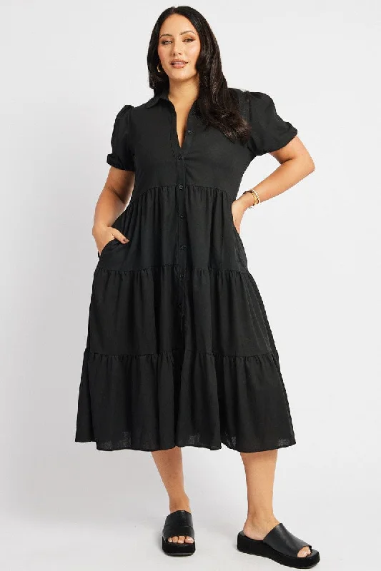 Black Midi Dress Short Sleeve Shirt