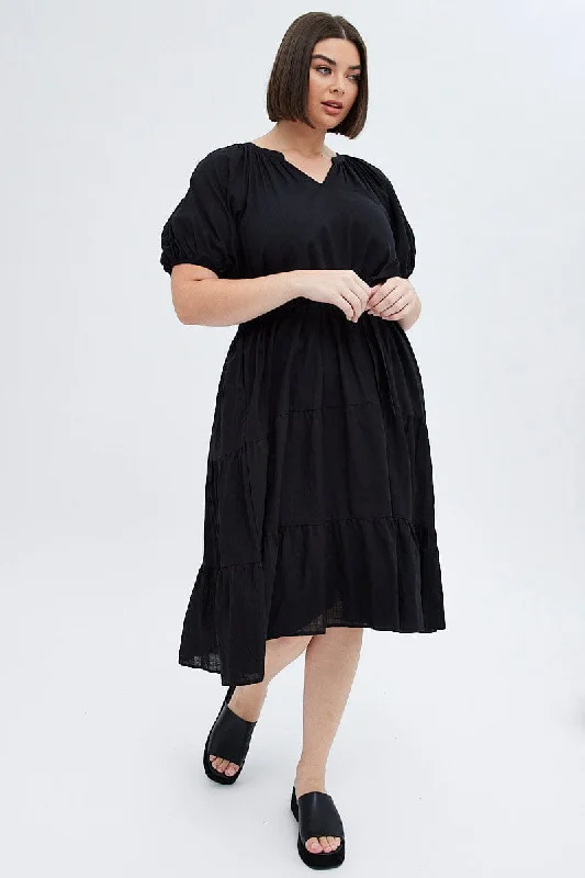 Black Midi Dress Tiered Notch Collar Belted