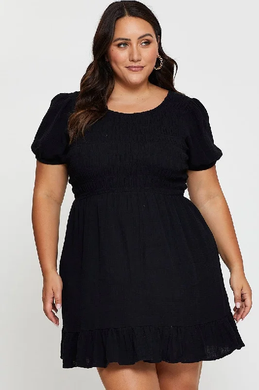 Black Skater Dress Scoop Neck Short Sleeve Ruffle