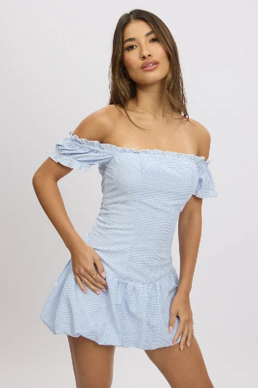 Blue Check Bubble Dress Off The Shoulder