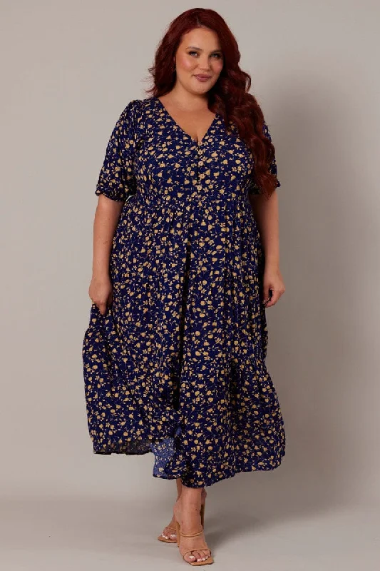 Blue Ditsy Crinkle Button Through Smock Midi Dress