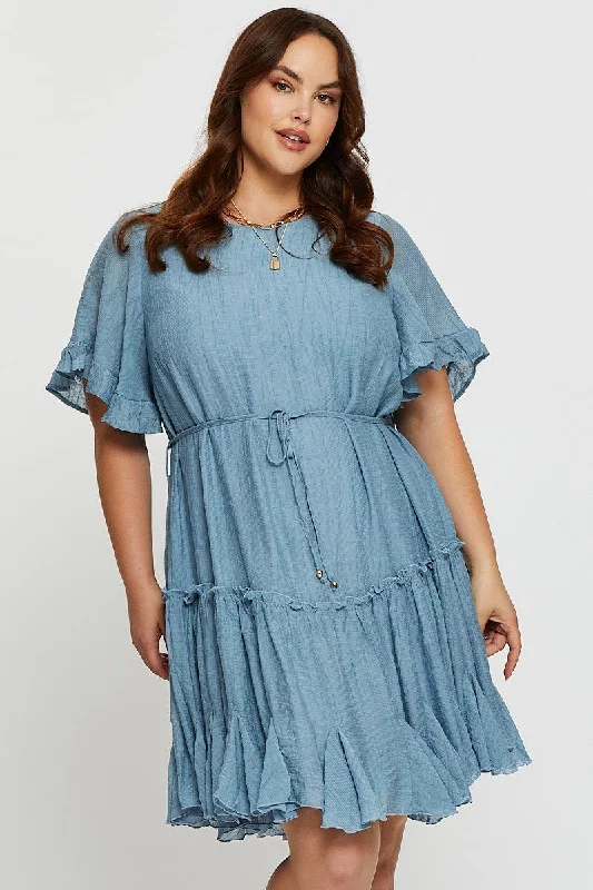 Blue Skater Dress Round Neck Short Sleeve Tie