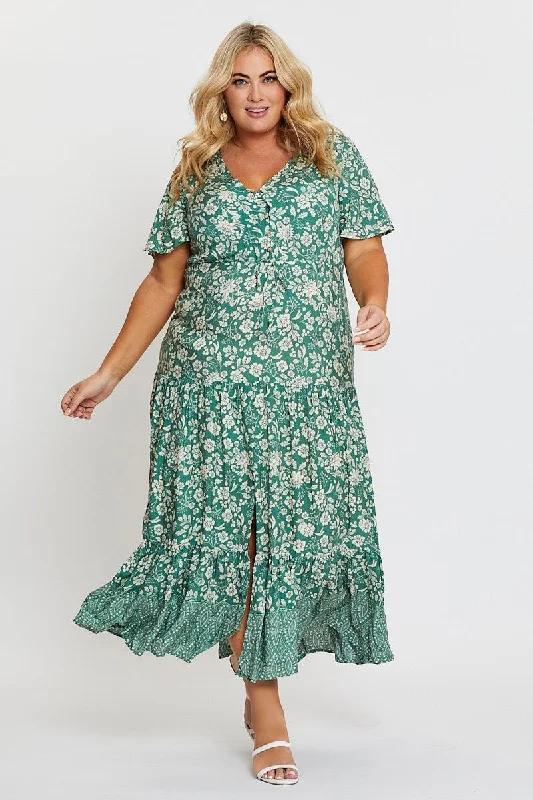 Boho Print Midi Dress V-neck Short Sleeve