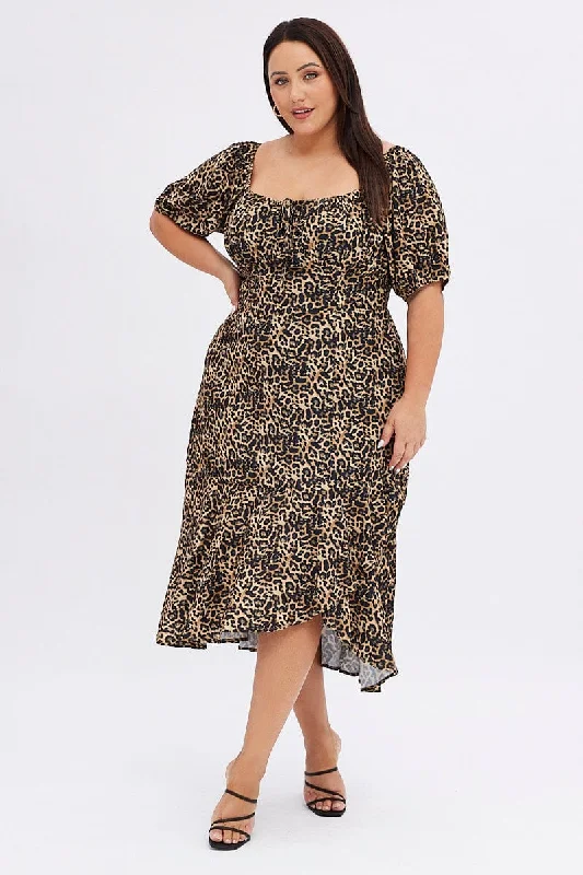 Brown Animal Print Midi Dress Short Sleeve Gathered Bust