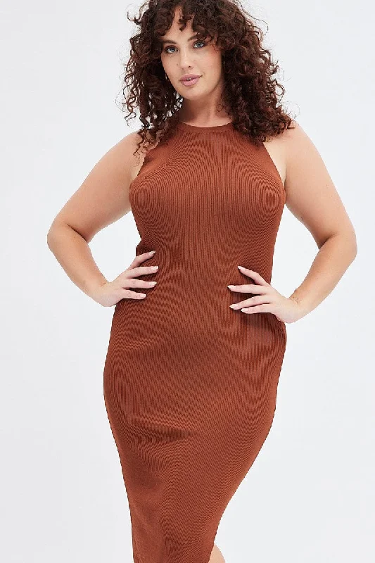 Brown Knit Dress High Neck Midi