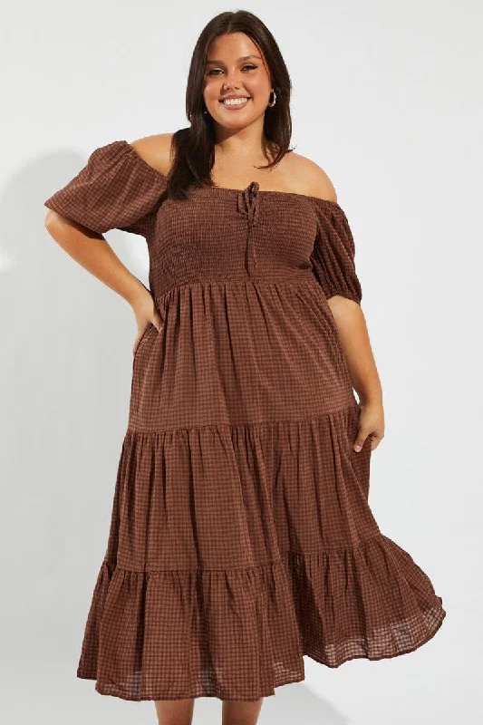 Brown Midi Dress Short Sleeve Shirred Check