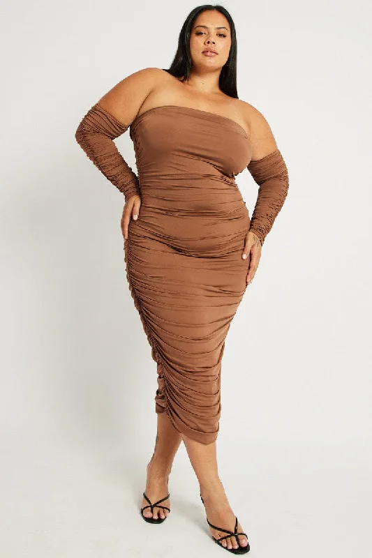 Brown Ruched Jersey Midi Dress