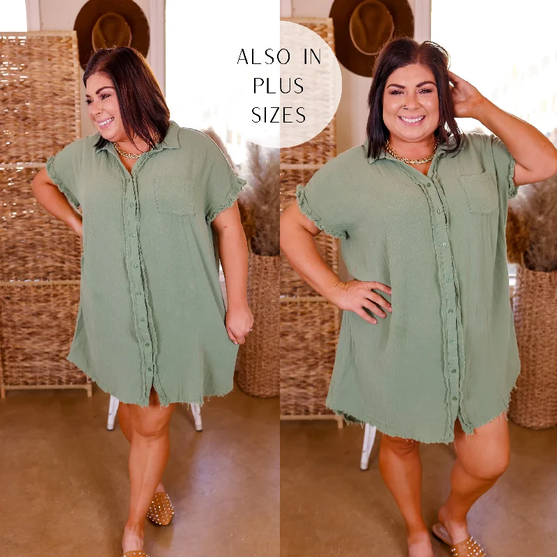 Spring Glow Button Up Raw Hem Dress in Sage Green