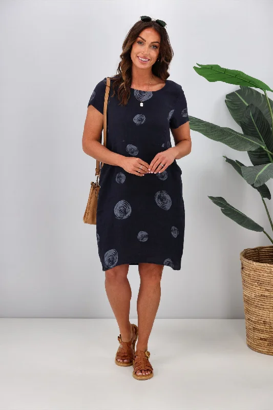 Cali & Co Swirl Print Rib Linen Dress Navy