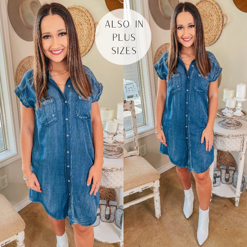 Stylish Staple Button Up Chambray Dress with Front Pockets in Dark Wash