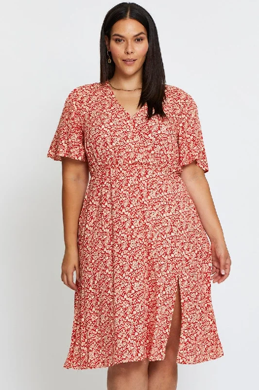 Ditsy Print Front Split Dress V-neck Short Sleeve