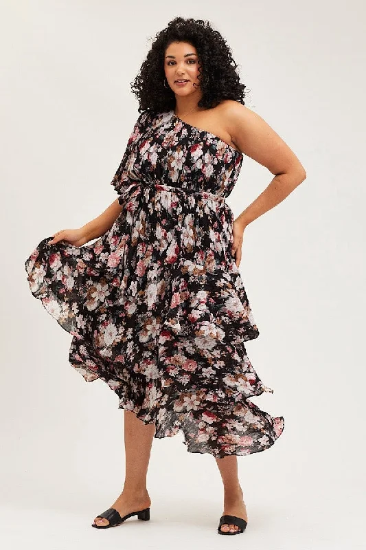 Floral Print Midi Dress One Shoulder Long Sleeve