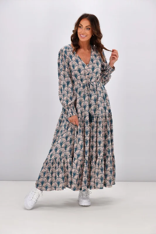 Fria Iris Akino Print Selma Maxi Dress Teal