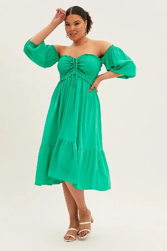 Green Midi Dress Off Shoulder Shirred