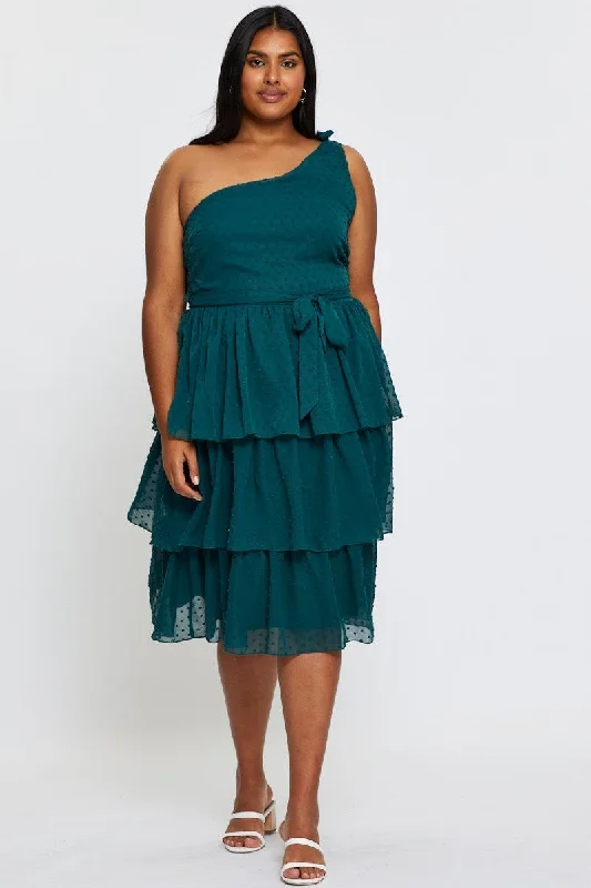 Green Midi Dress One Shoulder Sleeveless