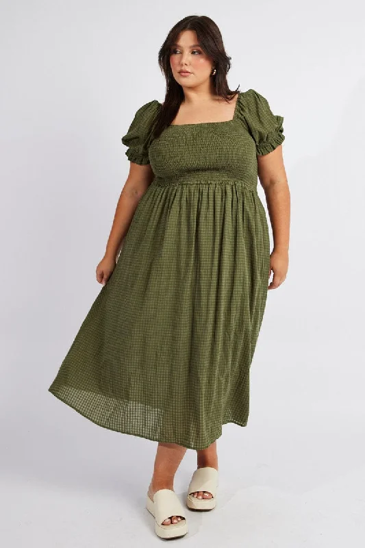 Green Midi Dress Short Sleeve Shirred