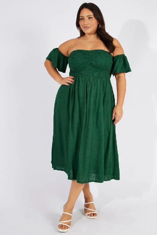 Green Off Shoulder Flutter Sleeve Midi Dress