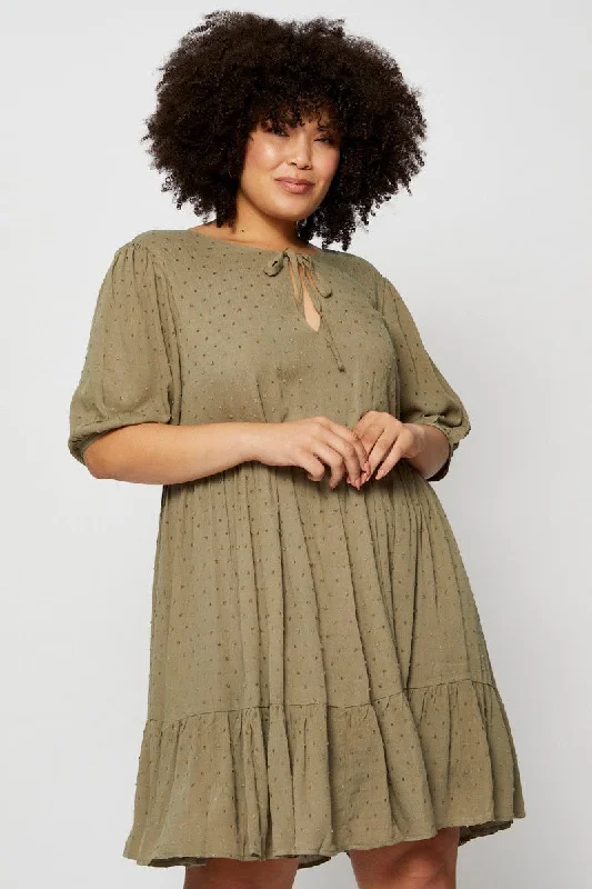 Green Skater Dress Round Neck Short Sleeve Tie Front