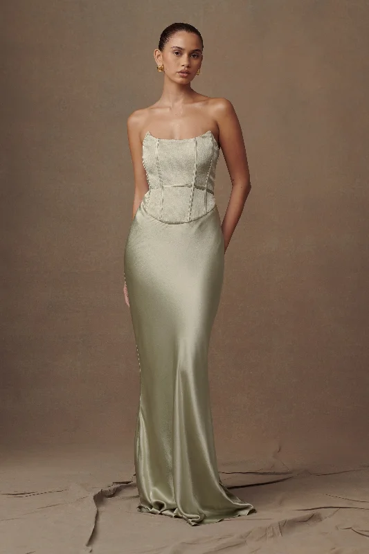 Harlow Satin Strapless Maxi Dress - Sage