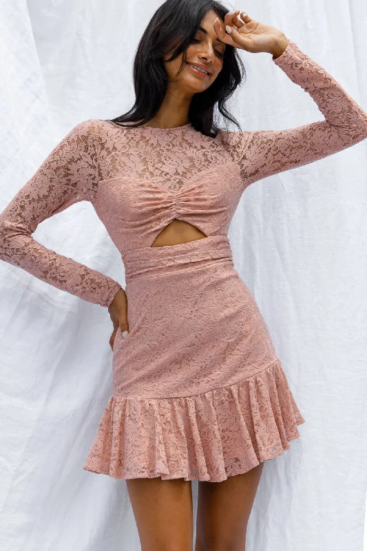 Hearts Aflutter Long Sleeve Open Back Lace Mini Dress Blush