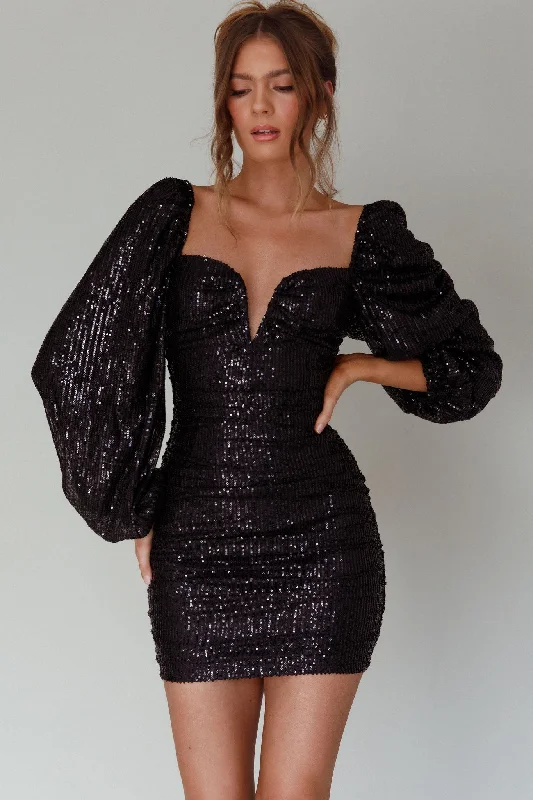 Jayde Balloon Sleeve Sequin Mini Dress Black