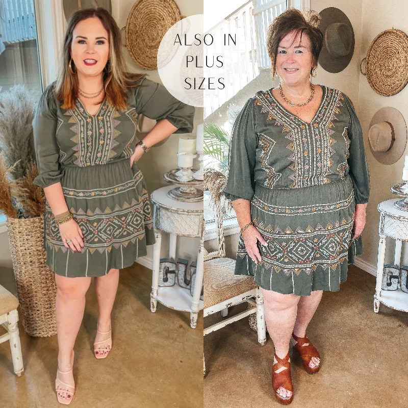 Last Chance Size Small & 2XL | Let's Make Plans Embroidered V Neck Dress in Olive Green