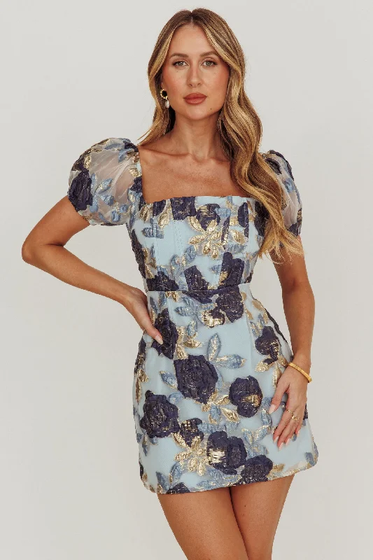 Love To Dream Puff Sleeves Mini Dress Blue