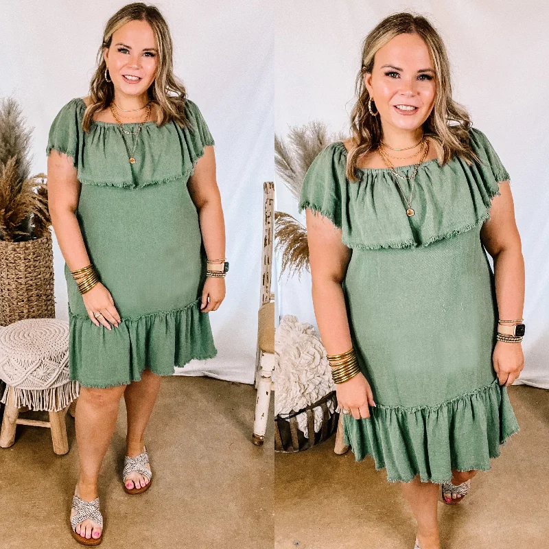 Finding Yourself  Frayed Hem Off the Shoulder Dress in Light Olive Green