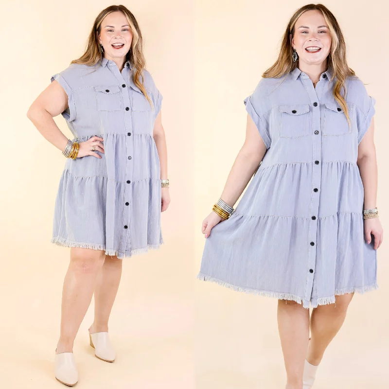 Oh Darling Ruffle Tiered Button Up Dress in Chambray Blue