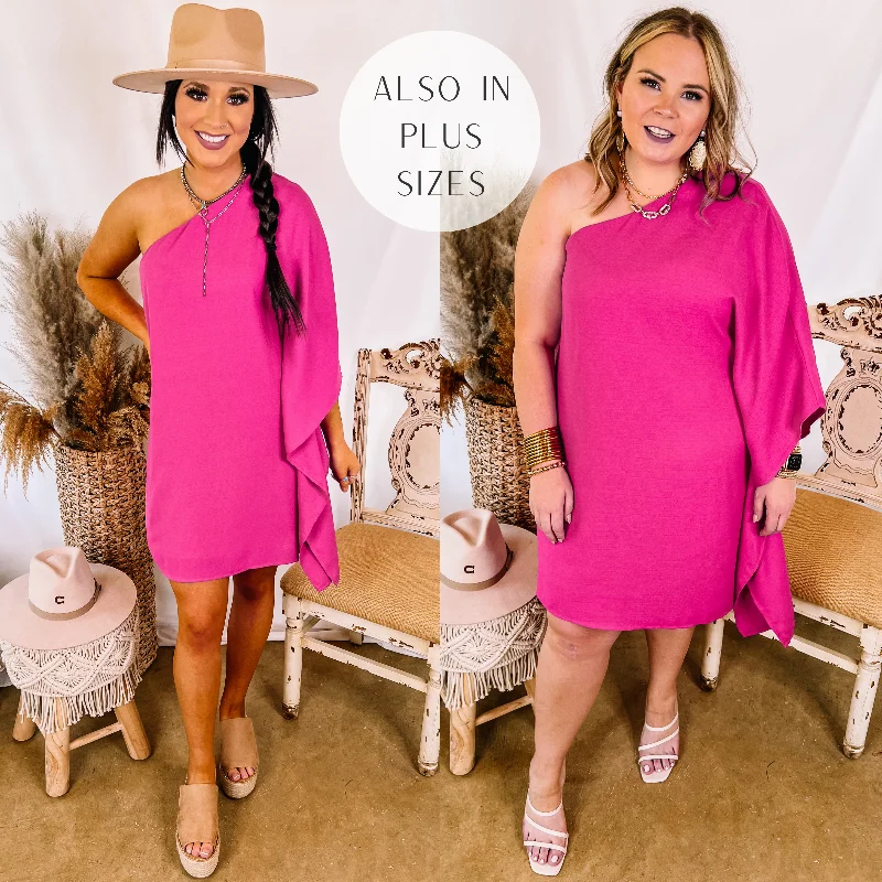 Last Chance Size Small & Medium | Champagne Getaway One Shoulder Dress in Fuchsia