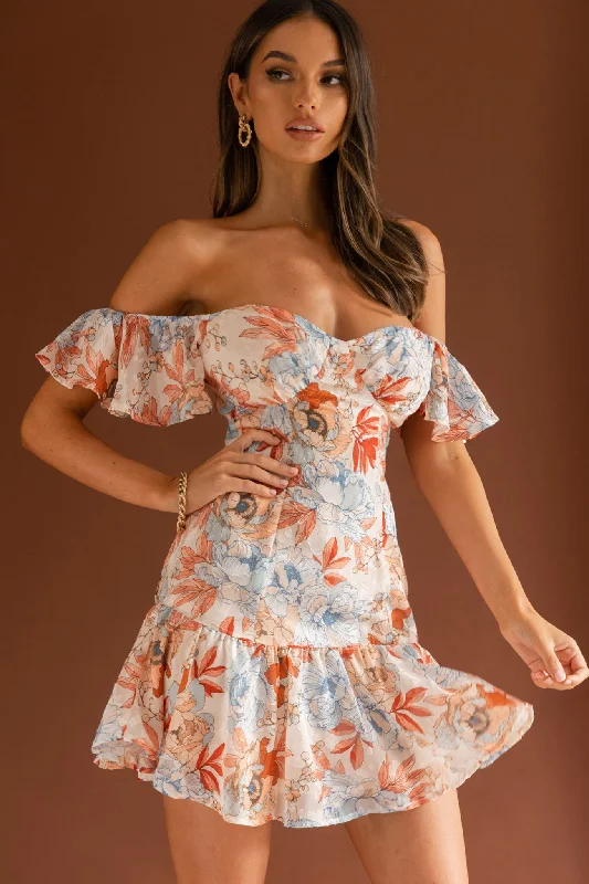 Park Avenue Flutter Sleeve Mini Dress Floral Peach