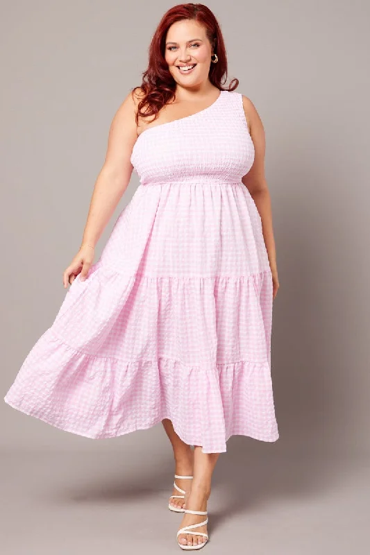 Pink Check Midi Dress One Shoulder