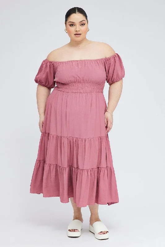 Pink Midi Dress Off Shoulder Elastic Waist Puff Sleeve