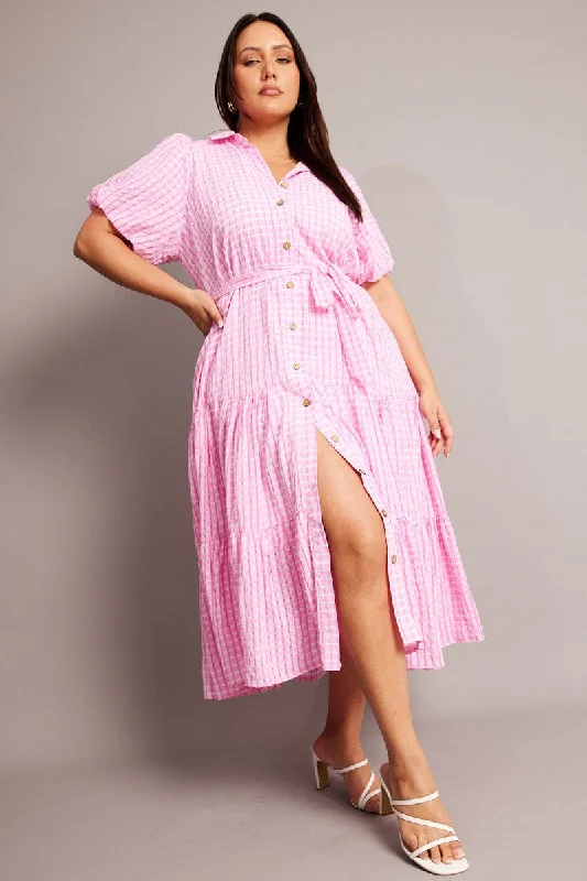 Pink Midi Dress Short Sleeve Shirt Check