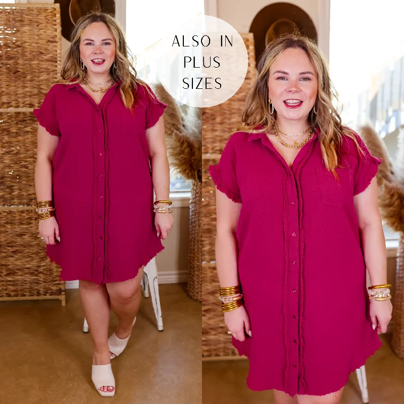 Spring Glow Button Up Raw Hem Dress in Raspberry Red