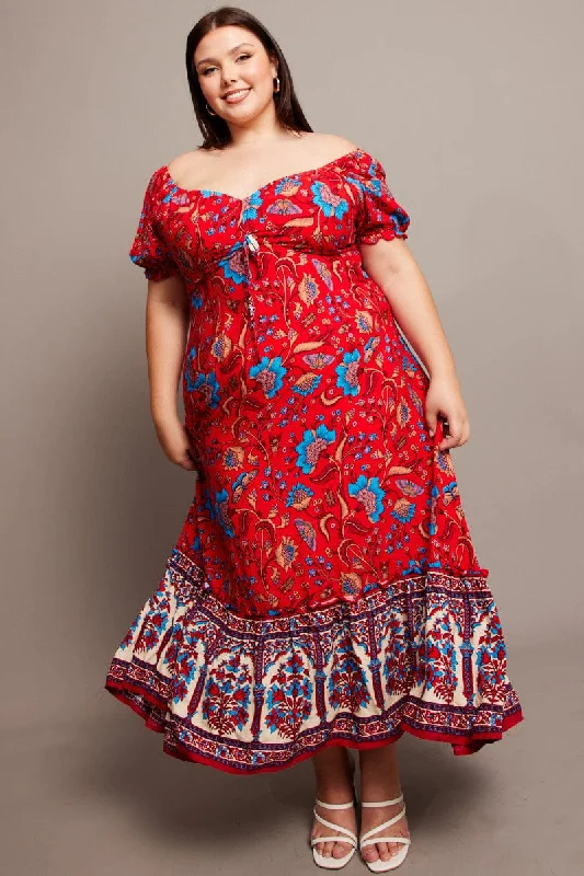 Red Boho Puff Sleeve Maxi Dress High Low Hem