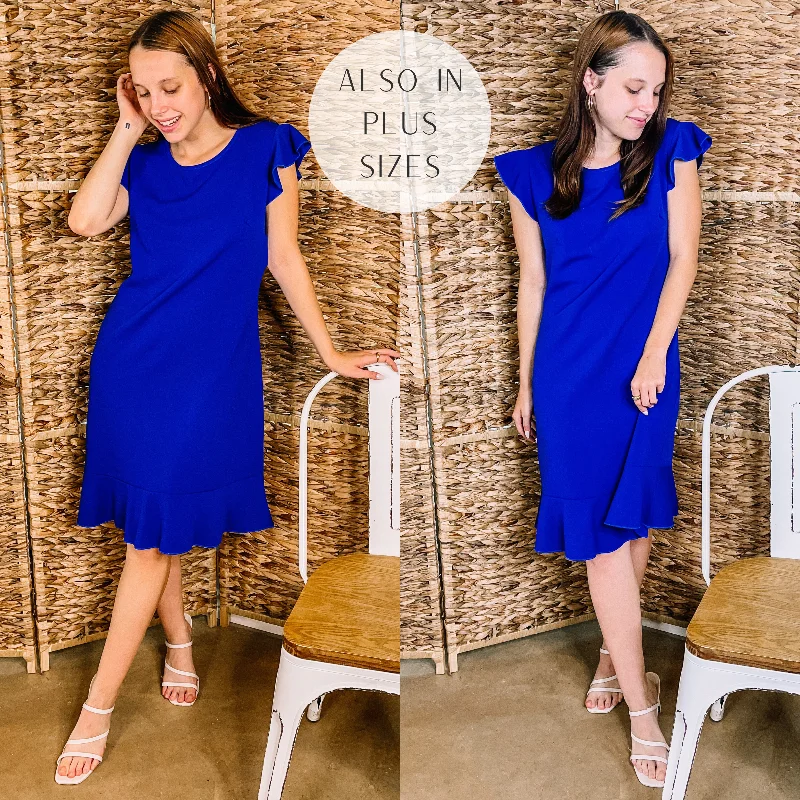 Last Chance Size Small & 3XL | Boss Shift Ruffle Cap Sleeve Dress with Ruffle Hem in Royal Blue