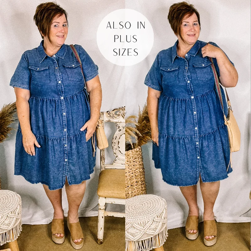 Last Chance Size Small & Medium | Still The One Ruffle Tiered Button Up Dress in Dark Wash