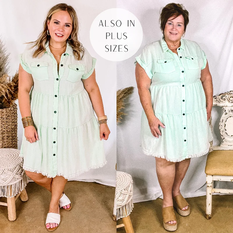 Oh Darling Ruffle Tiered Button Up Dress in Mint Green