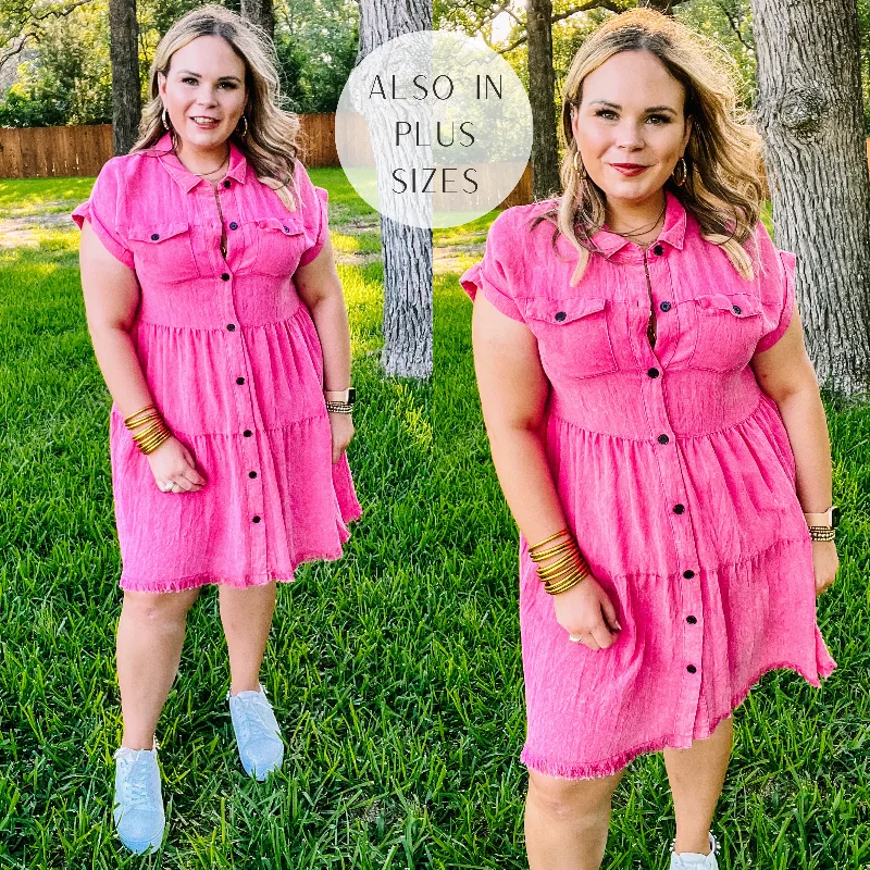 Oh Darling Ruffle Tiered Button Up Dress in Fuchsia Pink