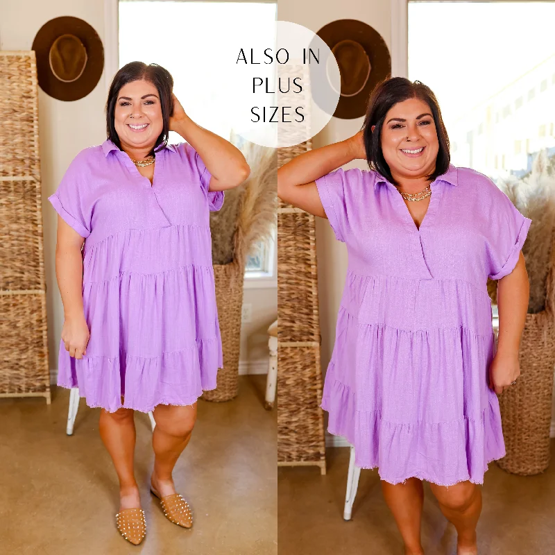 Last Chance Size Small & XL | Taos Transitions Ruffle Tiered Collared Dress with Frayed Hem in Lavender Purple