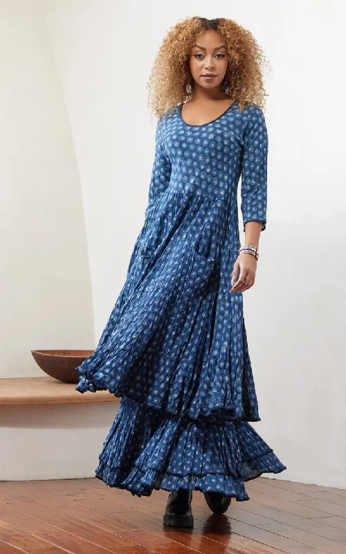 Santa Fe Dress, Long, 3/4 Sleeve, Flower Dot Indigo