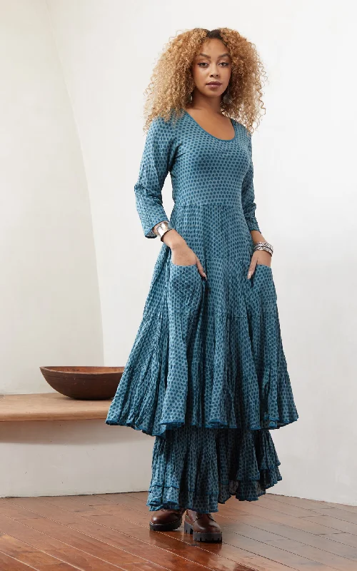 Santa Fe Dress, Long, 3/4 Sleeve, Teal Dot