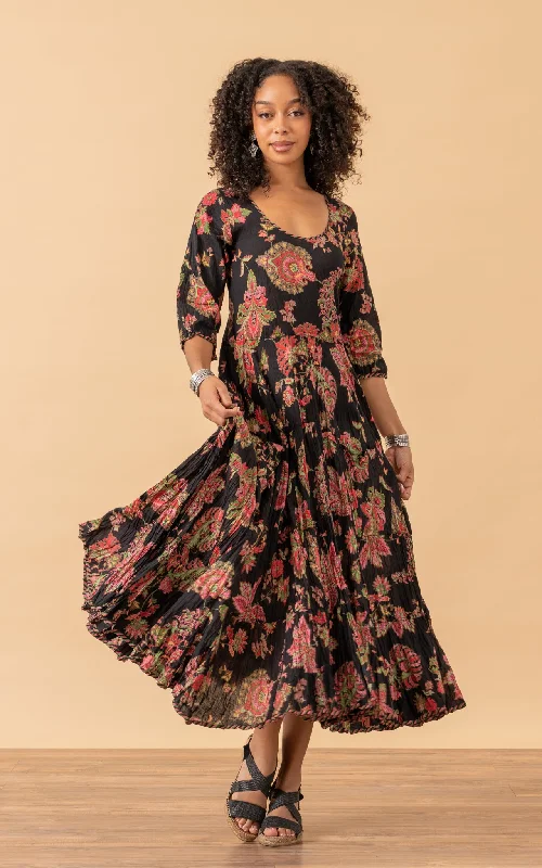 Santa Fe Dress, Long, 3/4 Sleeve, Meena Kari Black & Pink