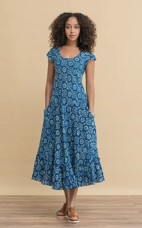 Sedona Dress, Long, Cap Sleeve, Indigo Medallion